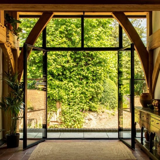 Aluco Steel Look Art Deco French Doors with side and top panels in black