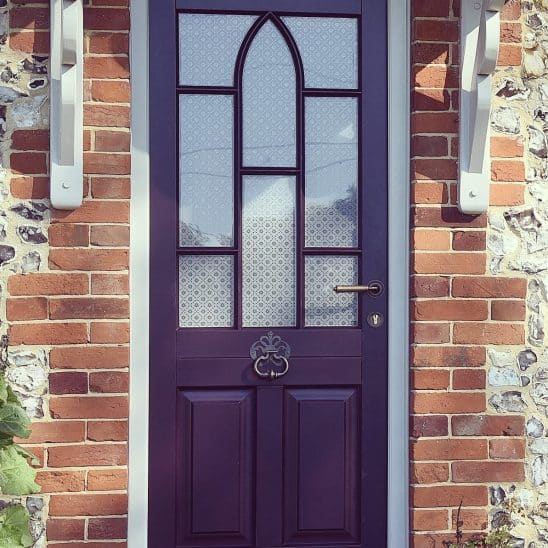 Blue Timber Entrance Door with Etched Glass & Flush Casement Window