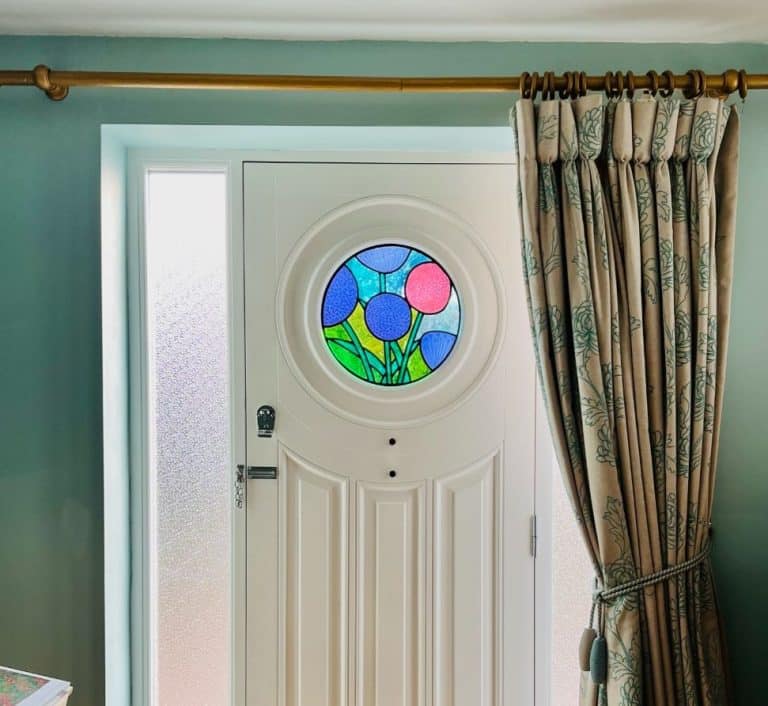 Contemporary timber entrance door with bespoke stained glass