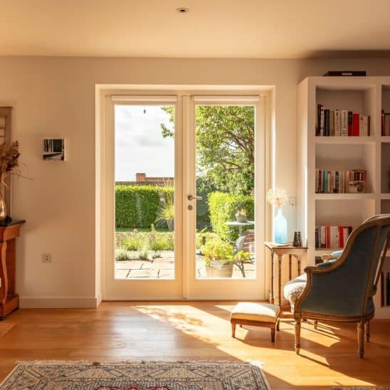 Timber French doors in Window Grey on the outside and pure white on the inside