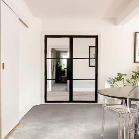 Aluco internal steel look aluminium French doors with ultra slim glazing bars