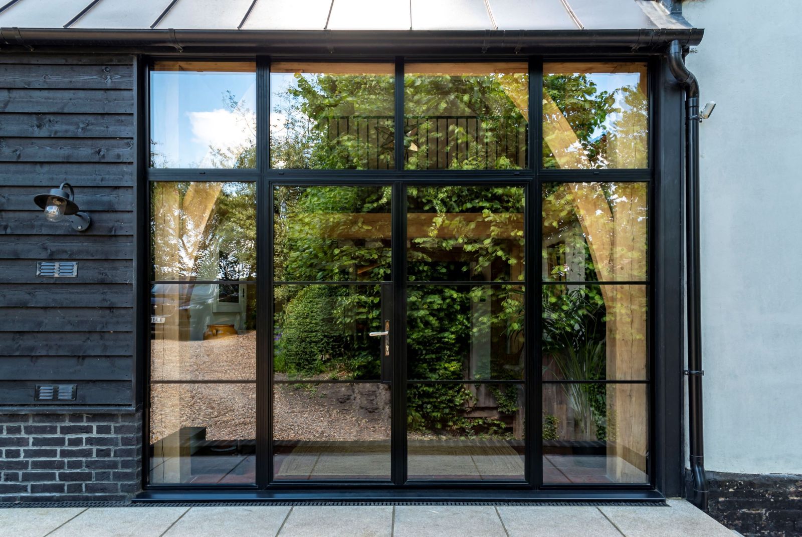 Steel look heritage French entrance doors with side and top lights in Matt Black