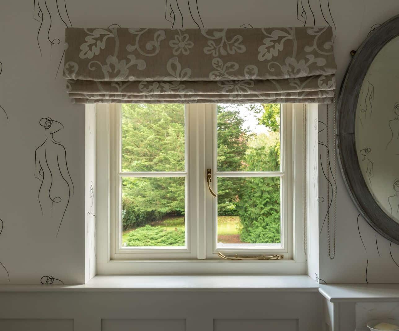 Flush timber cottage casement window in Wimborne White with polished brass lacquered peardrop handles and pegstay.