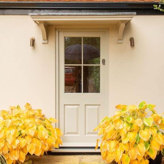 Belbroughton Timber back door in Hardwick white with 18mm astragal bars and Samuel Heath antique brass unlacquered escutcheon
