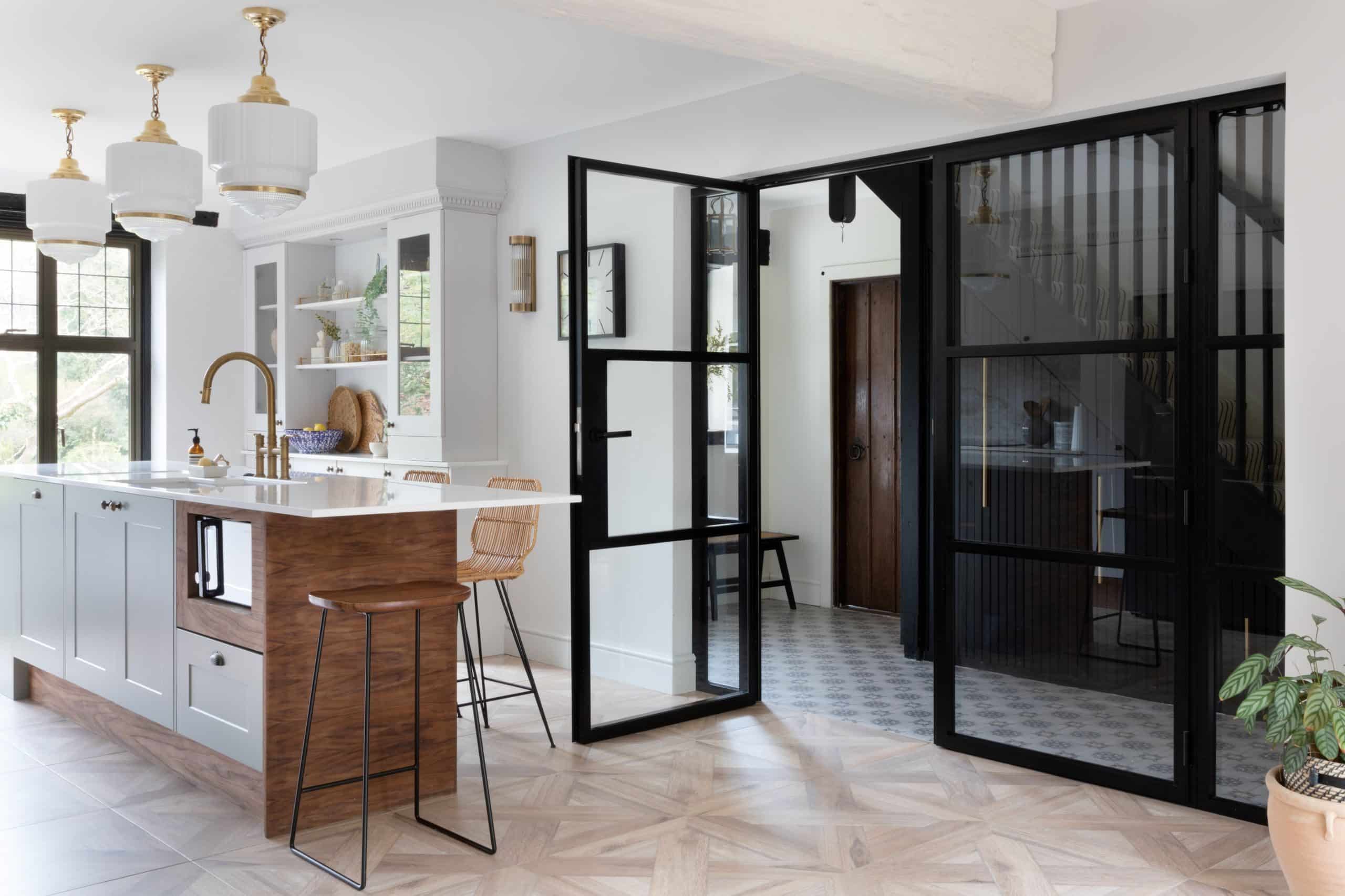 Aluco steel look internal French doors with heritage bars in black