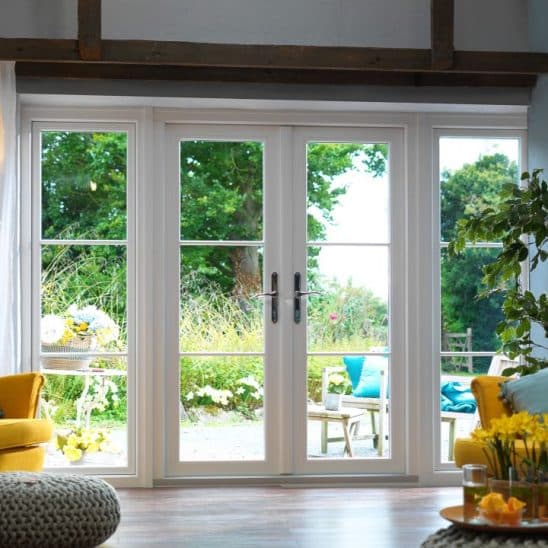 Contemporary Evolution PVCU French doors in white with slim glazing bars