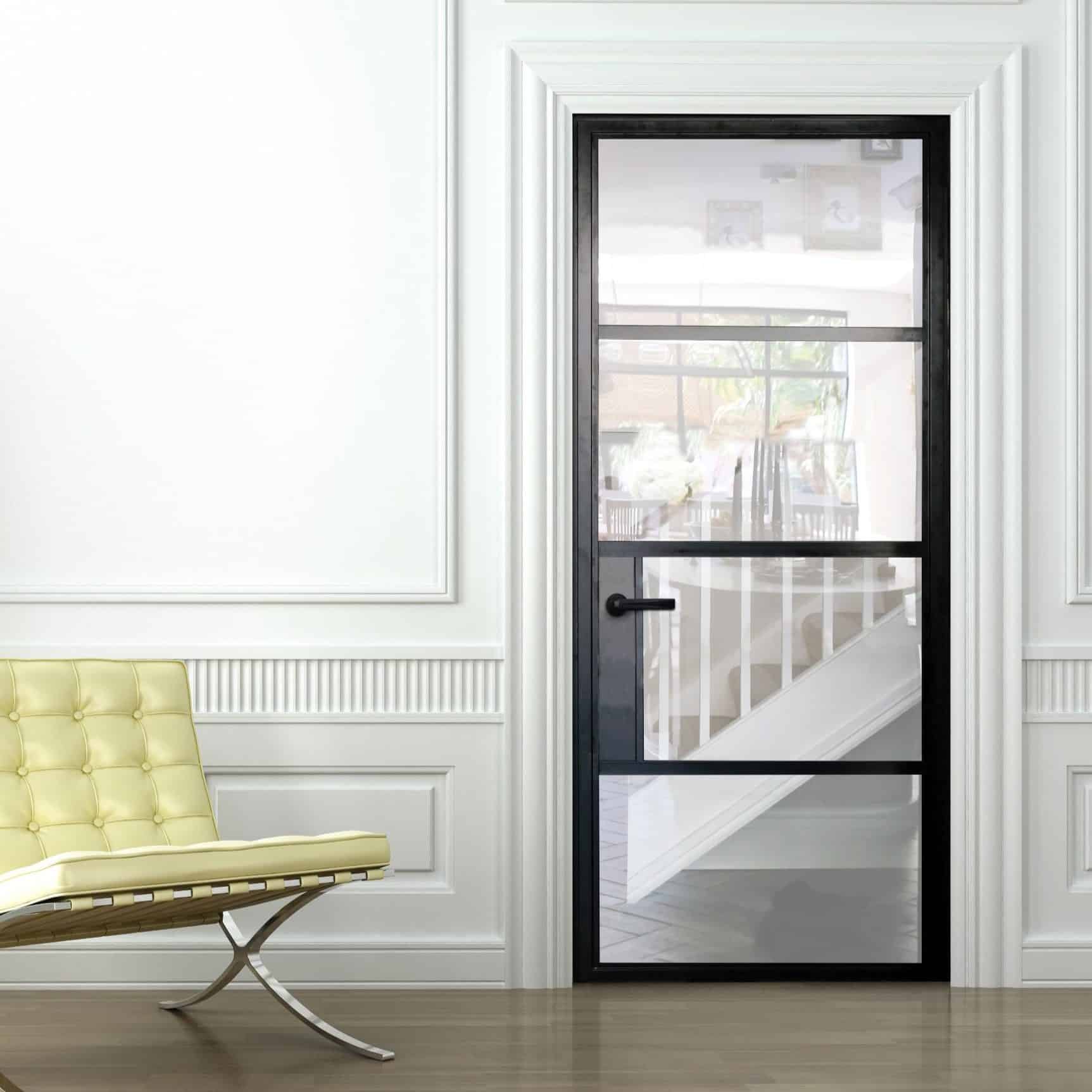 Single Aluco internal door with black Leon handle and steel look astragal bars