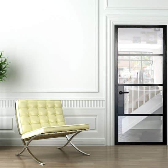 Single Aluco internal door with black Leon handle and steel look glazing bars