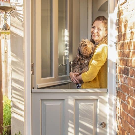 Engineered timber Kingston townhouse stable door in French Grey with 316 Coastal handle.