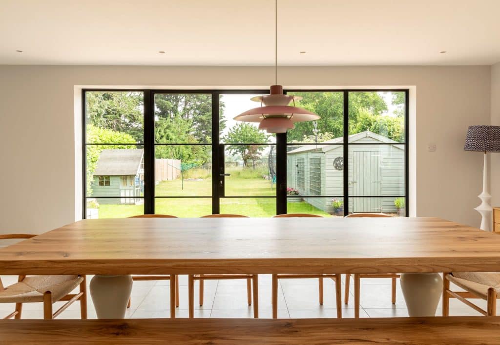 Aluco aluminium steel look French doors with side panels and super slim 20mm glazing bars in matt Black