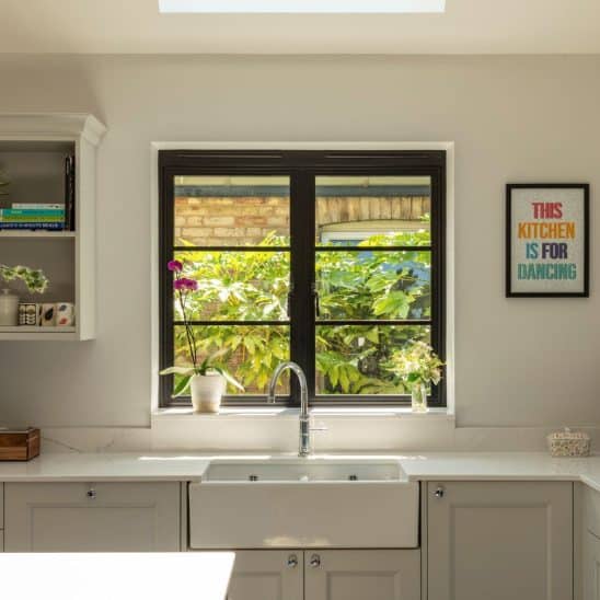 Aluco aluminium steel look window with super slim glazing bars in matt Black with Newbury handle
