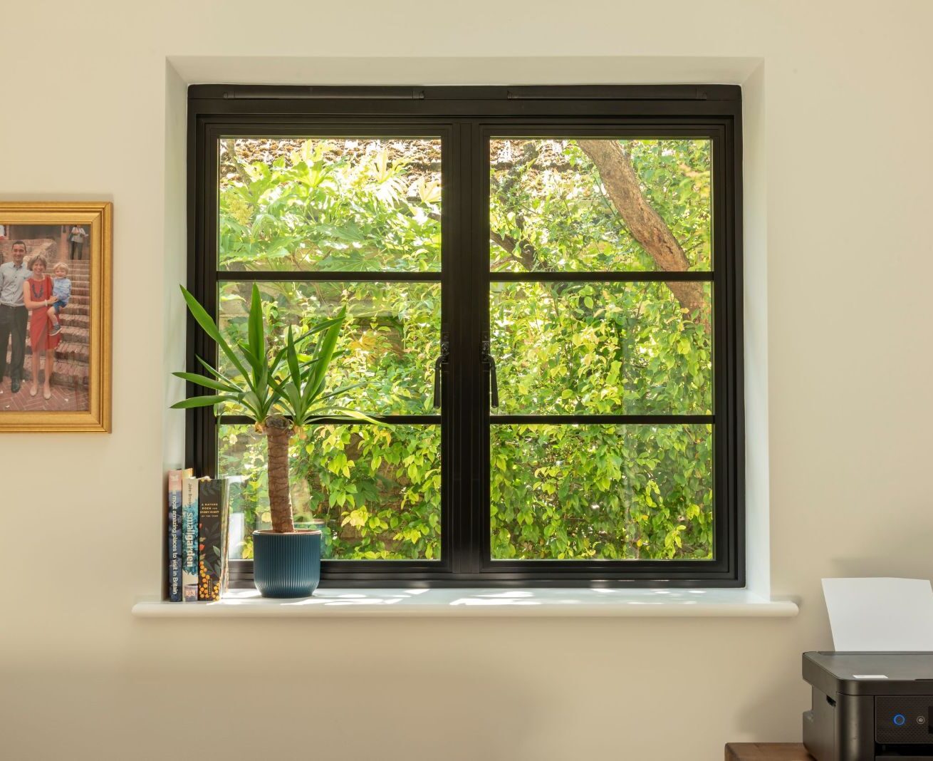 Aluco aluminium steel look window with super slim glazing bars in matt Black with Newbury handle