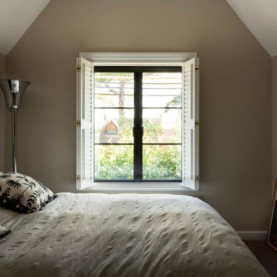 Black heritage, Art Deco aluminium bedroom windows with super slim glazing bars