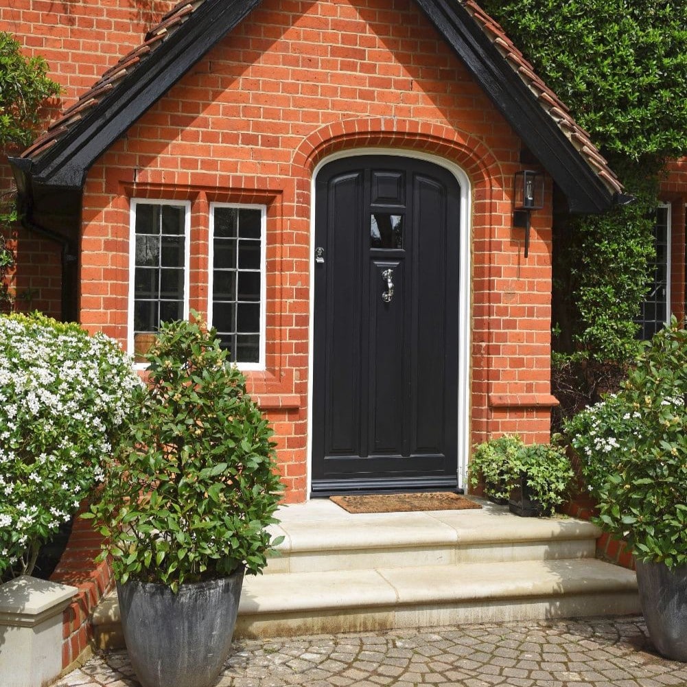 Engineered hardwood Norham townhouse entrance door in black with Samuel Heath Chrome Plated Doctor's Door Knocker