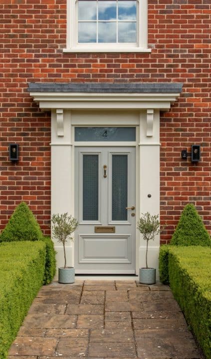 Timber Westonbirt engineered timber entrance door in Porcelain, with aged brass Newbury door handle, Doctor's door knocker and traditional letterbox