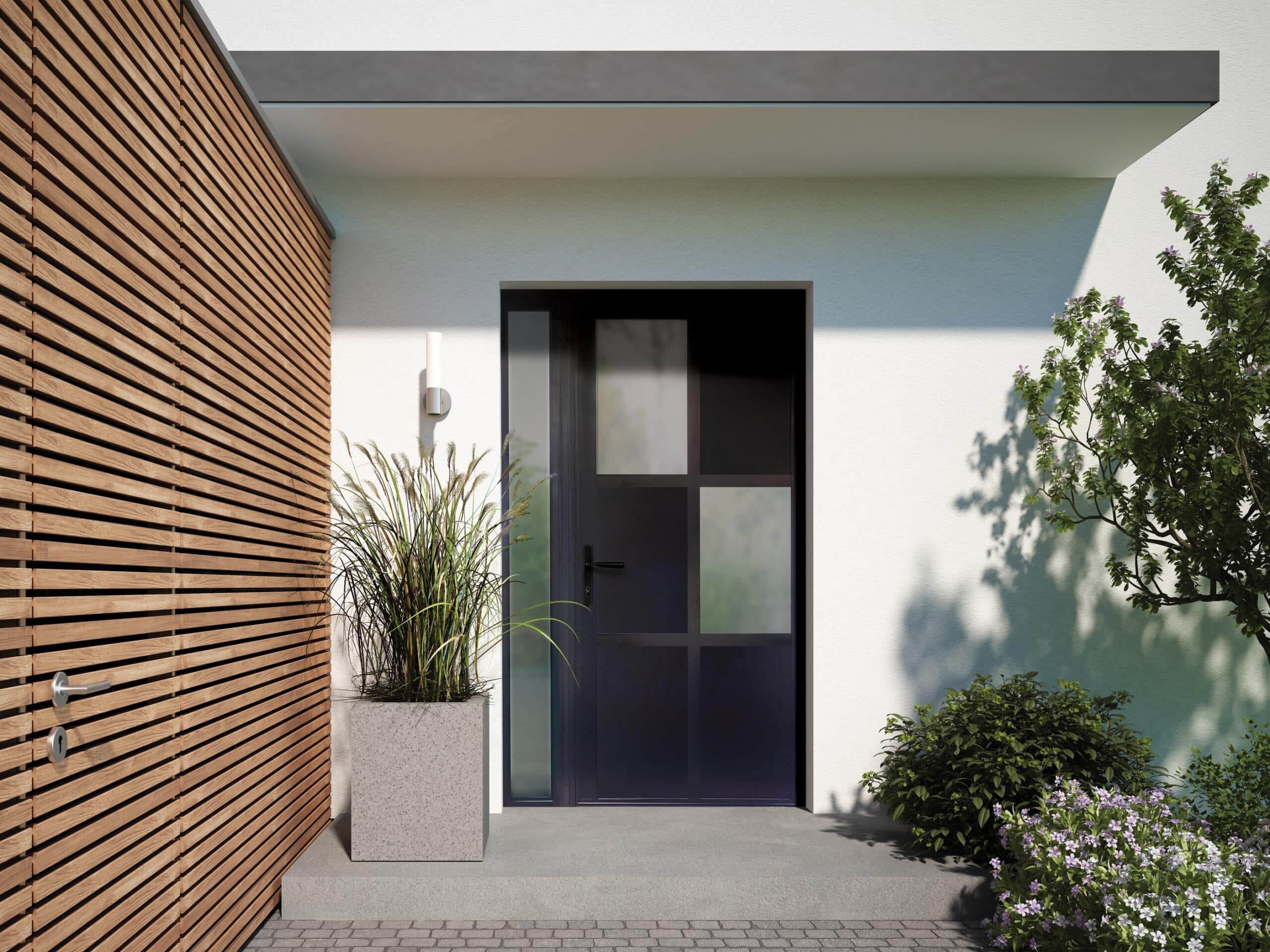 Avero Entrance doors ina contemporary home with plants and timber clad wall