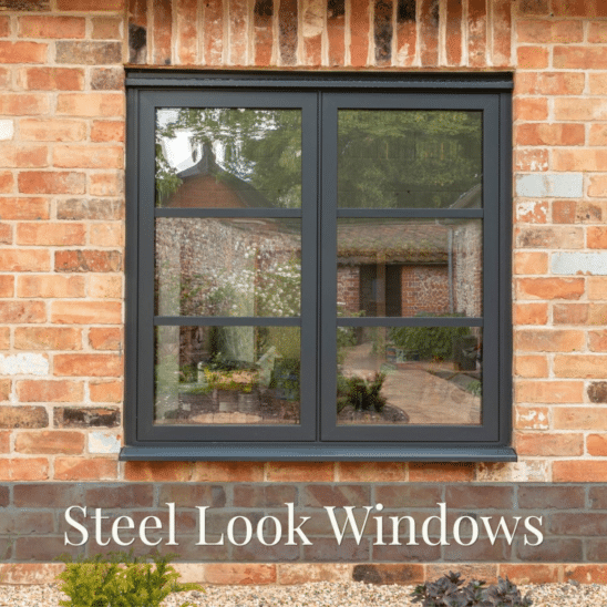 Heritage style anthracite grey steel look window by Sunflex, with art deco style glazing bars and concealed trickle vent