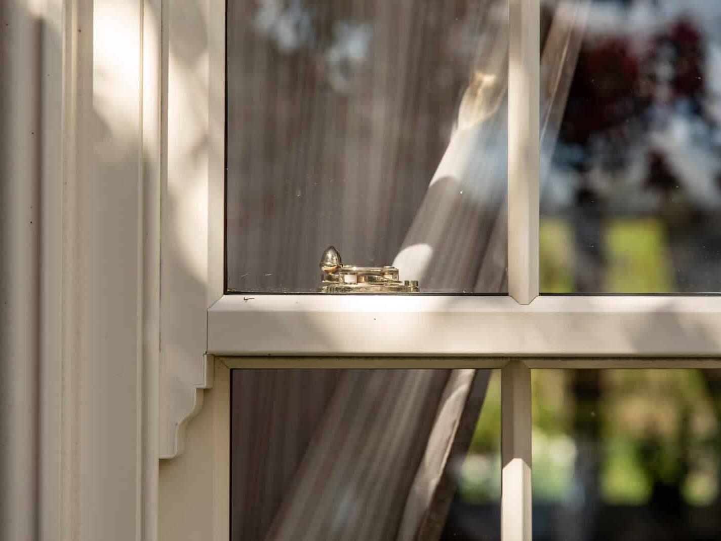 Bygone Sash Window Detail | COLOUR Farrow & Ball White Tie | FURNITURE Antique Brass Acorn Lock and Limit Stops | FEATURES Georgian style 50mm by 39mm slim rails, 147mm cills, sash vents