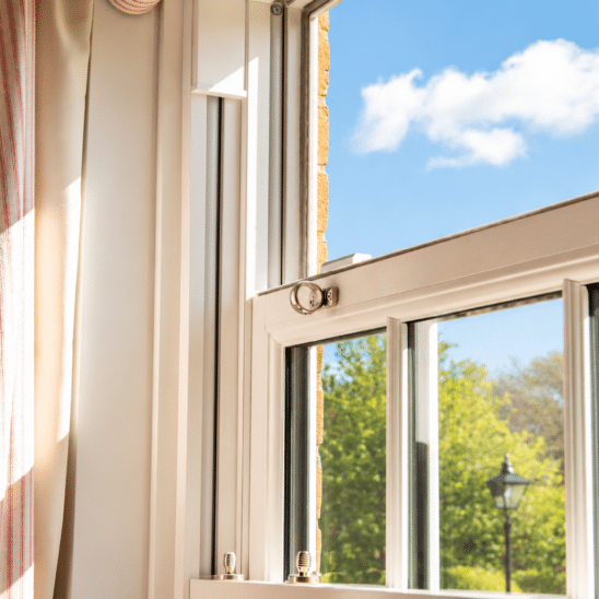 Bygone PVCu sash window with pole hook for easy opening