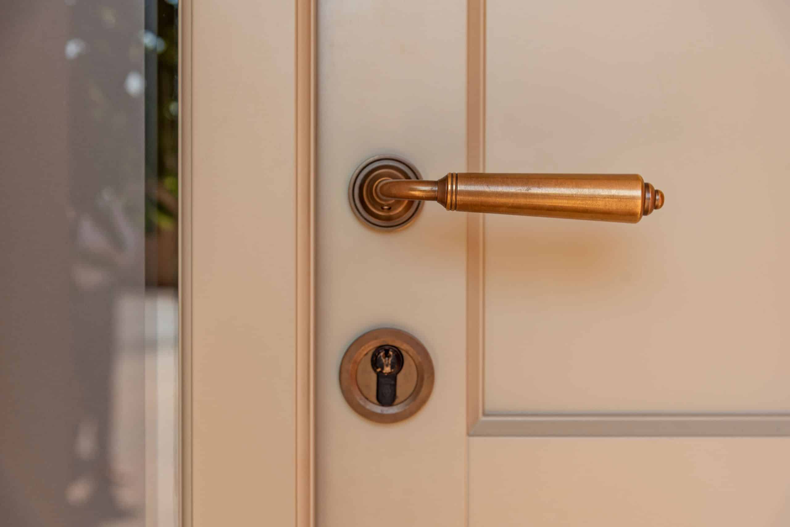 Samuel Heath bronze extended profile door lever and esutcheon on timber Braithwaite door in French Grey