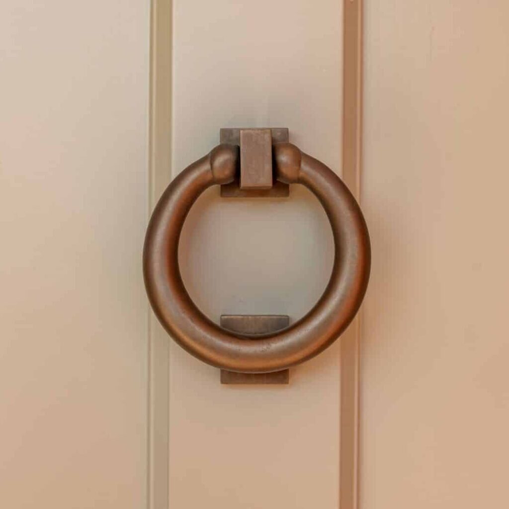 Samuel Heath bronze ring knocker on timber Braithwaite door in French Grey
