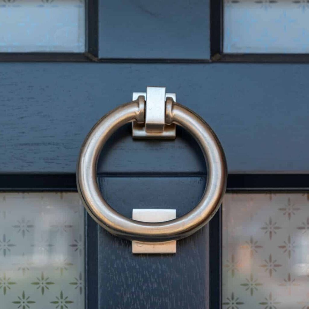 Detail of 316 Coastal ring door knocker in satin stainless steel