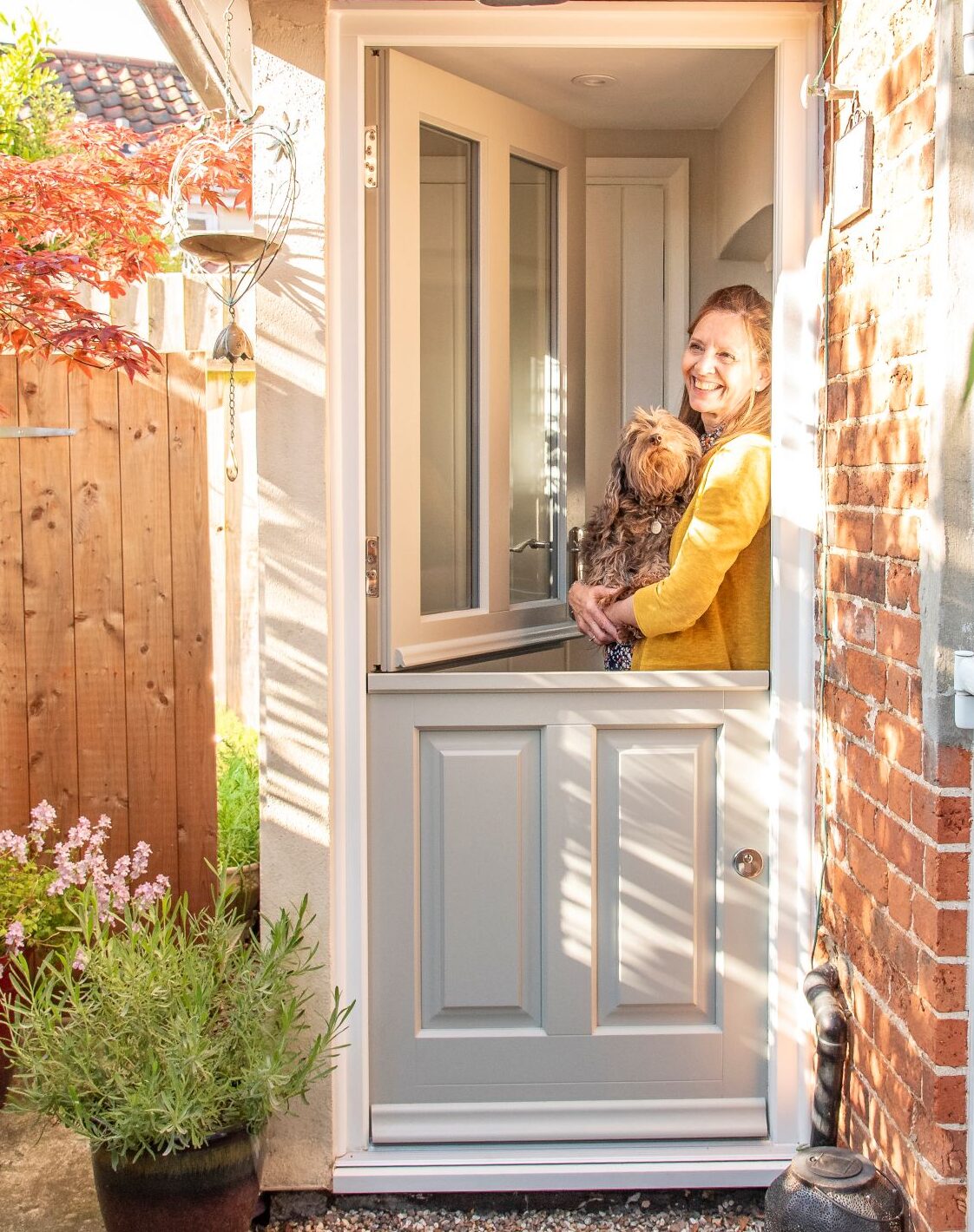 Engineered timber Kingston townhouse stable door in French Grey with 316 Coastal handle.